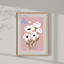 Load image into Gallery viewer, Framed artwork with white flowers and 'Aa' letter on a pink background