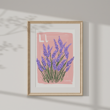 Load image into Gallery viewer, Framed artwork of lavender on a pink background with 'L' and 'Lavender' text.