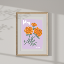 Load image into Gallery viewer, Framed artwork with orange marigold flowers and the letter 'M' on a light purple background and text marigold.
