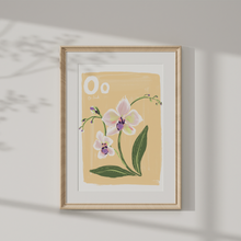 Load image into Gallery viewer, Framed artwork with orchid on a butter yellow background, mounted on a wall.
